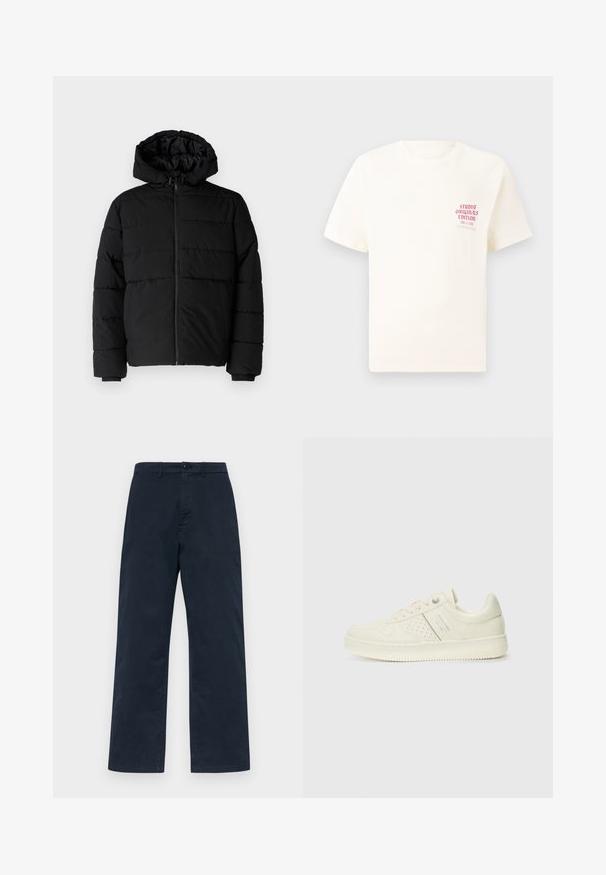 Black puffer jacket featuring a zip front, a hood, and horizontal quilted design. Made of a smooth, durable fabric with ribbed cuffs.; White short-sleeve T-shirt with red text "Studio Originals Edition" on left chest, displayed on a neutral gray background.; Navy blue cotton trousers with a straight leg design, featuring a front button closure and belt loops. Simple, solid texture with no patterns.; Cream-colored sneaker with perforated detailing, laces, and logo on the side, displayed against a plain white background.