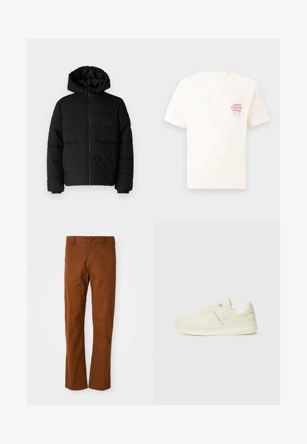 Chaqueta acolchada negra con cremallera frontal, capucha y diseño acolchado horizontal. Fabricada con un tejido suave y duradero con puños acanalados.; Camiseta blanca de manga corta con el texto rojo "Edición de Studio Originals" en el lado izquierdo del pecho, exhibida sobre un fondo gris neutro.; Pantalones de algodón marrones con un corte regular, que cuentan con un cierre de botón, cinturas para cinturón y un diseño de pierna recta. Textura suave sin patrones.; Zapatilla color crema con detalles perforados, cordones y logotipo en el lateral, exhibida sobre un fondo blanco liso.