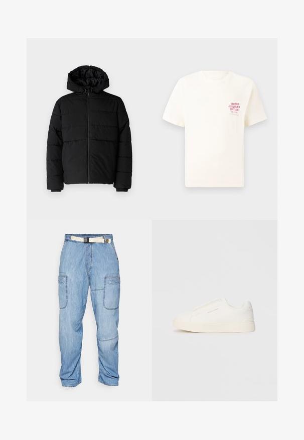 Čierna puff jacket s predným zipsom, kapucňou a horizontálnym prešívaním. Vyrobená z hladkej, odolnej tkaniny s rebrovanými manžetami.; Biele tričko s krátkym rukávom s červeným textom "Studio Originals Edition" na ľavej hrudi, zobrazené na neutrálnom šedom pozadí.; Svetlomodré džínsové nohavice s voľným strihom, so viacerými vreckami a kontrastným bielym opaskom. Hladká textúra s viditeľným šitím.; Biele slip-on tenisky s textúrovaným povrchom, hrubou podrážkou a minimalistickým dizajnom. Obsahuje logo značky na boku.