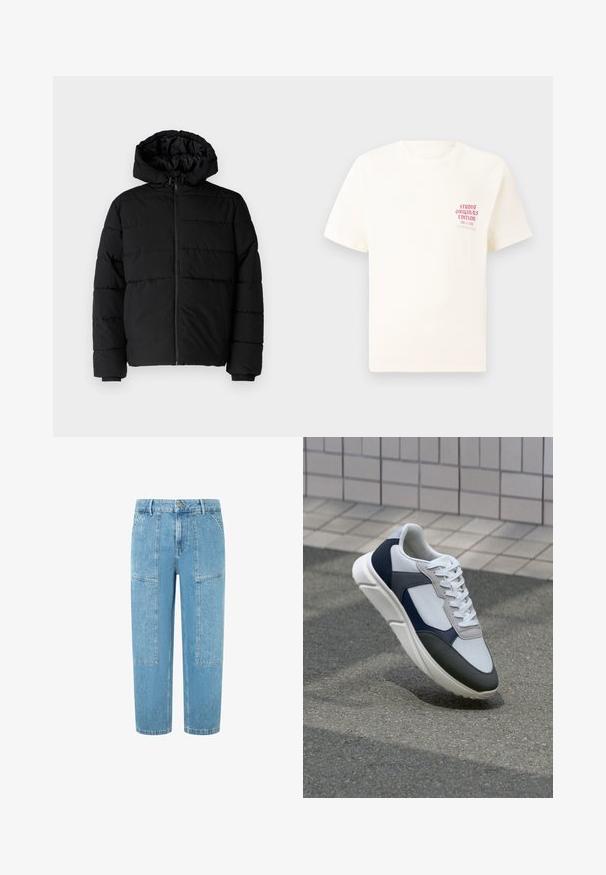 Svart boblejakke med glidelås foran, hette og horisontalt quiltet design. Laget av et glatt, slitesterkt stoff med ribbede cuffs.; Hvit T-skjorte med korte ermer og rød tekst "Studio Originals Edition" på venstre bryst, vist på en nøytral grå bakgrunn.; Jeans i lyseblå denim med rett snitt, med to store påsydde lommer og subtile slitte detaljer på stoffet.; Hvitt, marineblått og grått sportsko med en blandet materialdesign, som har en teksturert overdel, flate snørebånd og en polstret såle.