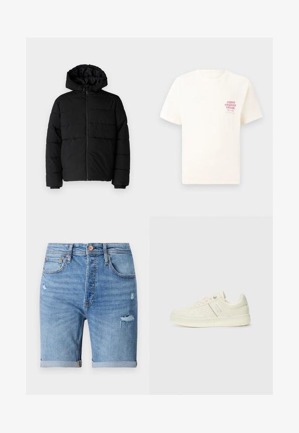 Črna puhovka z zadrgo spredaj, kapuco in vodoravno šivano obliko. Narejena je iz gladkega, trpežnega materiala z rebrastimi manšetami.; Bela majica s kratkimi rokavi z rdečim napisom "Studio Originals Edition" na levi strani prsnega koša, prikazana na nevtralnem sivo backgroundu.; Svijetloplavi traper šorc sa istaknutim rupama, prevrnutim rubovima, pet džepova i kopčanjem na dugme. Izrađen od mekanog, prozračnog materijala.; Sneaker v kremni barvi s perforiranim detajlom, vezalkami in logotipom na strani, prikazan na enostavni beli ozadju.