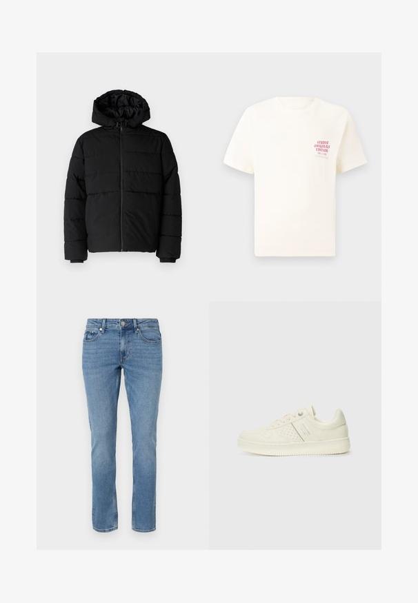 Svart boblejakke med glidelås foran, hette og horisontalt quiltet design. Laget av et glatt, slitesterkt stoff med ribbede cuffs.; Hvit T-skjorte med korte ermer og rød tekst "Studio Originals Edition" på venstre bryst, vist på en nøytral grå bakgrunn.; Blå rette denimjeans med frontlommer, beltehemper og knappelukking.; Kremfargede sneakers med perforerte detaljer, snøring og logo på siden, vist mot en enkel hvit bakgrunn.