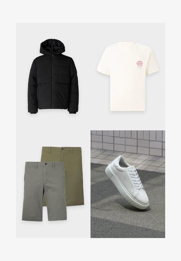 Doudoune noire avec fermeture éclair à l'avant, capuche et design matelassé horizontal. Fabriquée dans un tissu lisse et durable avec des poignets côtelés.; T-shirt blanc à manches courtes avec le texte rouge "Édition Originals du Studio" sur la poitrine gauche, présenté sur un fond gris neutre.; Deux paires de shorts en vert et en olive. Les deux ont une texture lisse, des fermetures à bouton et un design à front plat. Pas de motifs visibles.; Baskets en cuir blanc avec une surface lisse, bout rond et lacets plats blancs. Présentent une semelle en caoutchouc texturée et des éléments de design minimalistes.