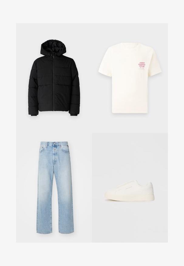 Črna puhovka z zadrgo spredaj, kapuco in vodoravno šivano obliko. Narejena je iz gladkega, trpežnega materiala z rebrastimi manšetami.; Bela majica s kratkimi rokavi z rdečim napisom "Studio Originals Edition" na levi strani prsnega koša, prikazana na nevtralnem sivo backgroundu.; Svjetloplave traperice sa slobodnim krojem, visokog struka, pet džepova i ravnim nogavicama. Vidljiva izblijedjela tekstura.; Bele zapete brez vezalk z teksturirano površino, debelim podplatom in minimalističnim dizajnom. Na strani se nahaja logotip blagovne znamke.