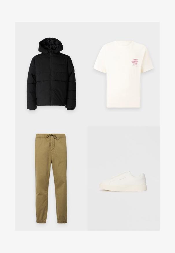 Melna pūkainā jaka ar rāvējslēdzēju priekšā, kapuci un horizontālu quiltēšanas dizainu. Izgatavota no gludas, izturīgas auduma ar ribotām piedurknēm.; Balts īsām piedurknēm T-krekls ar sarkanu tekstu "Studio Originals Edition" uz kreisā krūšu, pakārtots neitrālā pelēkā fonā.; Gaišs khaki krāsas jogger bikses ar elastīgu jostu, regulējamu auklu, sašaurinātām kājām un elastīgiem kakliem. Gluda, elpojoša auduma.; Baltas slip-on sporta apavi ar teksturētu virsmu, biezu zoli un minimālistisku dizainu. Sānos redzams zīmola logotips.