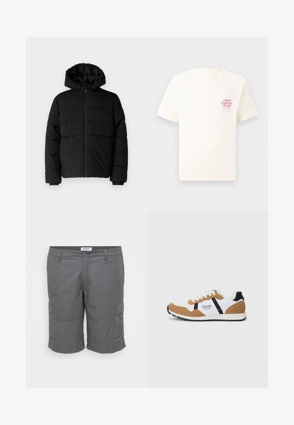Fekete puff dzseki cipzárral elöl, kapucnival és vízszintes steppelt mintázattal. Simább, tartós anyagból készült, bordázott mandzsettákkal.; Fehér, rövid ujjú póló, bal mellen piros szöveggel "Studio Originals Edition", semleges szürke háttér előtt.; Szürke cargo shorts könnyű anyagból, gombos záródással, két oldalsó zsebbel és patkózsebbel minden lábon.; Retro stílusú sportcipő fehér, bézs velúrral, fekete akcentussal, fehér fűzőkkel és a "Jack & Jones EST. 1990" logóval az oldalon.
