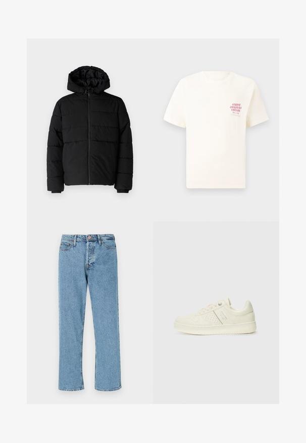 Casaco puffer preto com fecho de correr, capuz e design acolchoado horizontal. Feito de um tecido liso e durável com punhos canelados.; T-shirt branca de mangas curtas com o texto vermelho "Edição Originais do Estúdio" no lado esquerdo do peito, apresentada sobre um fundo cinza neutro.; Jeans de ganga de perna reta em azul claro com botão frontal, fecho de correr e design de cinco bolsos sobre fundo branco liso.; Sapatilha de cor creme com detalhes perfurados, atacadores e logotipo na lateral, apresentada contra um fundo branco liso.