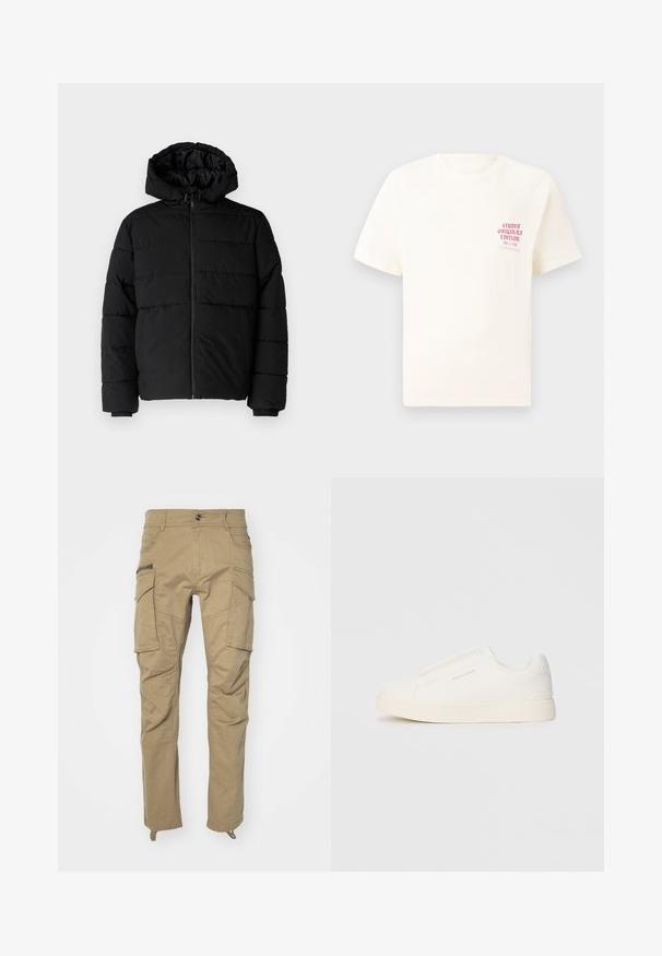 Casaco puffer preto com fecho de correr, capuz e design acolchoado horizontal. Feito de um tecido liso e durável com punhos canelados.; T-shirt branca de mangas curtas com o texto vermelho "Edição Originais do Estúdio" no lado esquerdo do peito, apresentada sobre um fundo cinza neutro.; Calças cargo caqui com múltiplos bolsos laterais, cintura com botão, pernas afuniladas e tecido macio e durável. Costuras reforçadas em toda a peça.; Sapatilhas brancas de atacar com uma superfície texturizada, sola grossa e design minimalista. Possui o logo da marca na lateral.