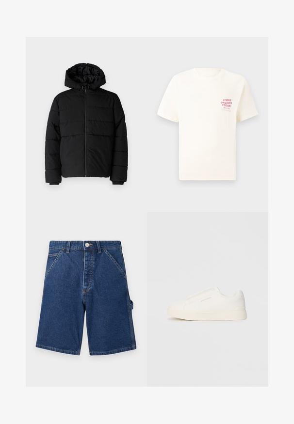 Chaqueta acolchada negra con cremallera frontal, capucha y diseño acolchado horizontal. Fabricada con un tejido suave y duradero con puños acanalados.; Camiseta blanca de manga corta con el texto rojo "Edición de Studio Originals" en el lado izquierdo del pecho, exhibida sobre un fondo gris neutro.; Shorts de mezclilla en azul oscuro, con un clásico diseño de cinco bolsillos, cierre de botón metálico y costuras visibles a lo largo de las costuras.; Zapatillas blancas tipo slip-on con una superficie texturizada, suela gruesa y diseño minimalista. Presenta el logo de la marca en un lado.