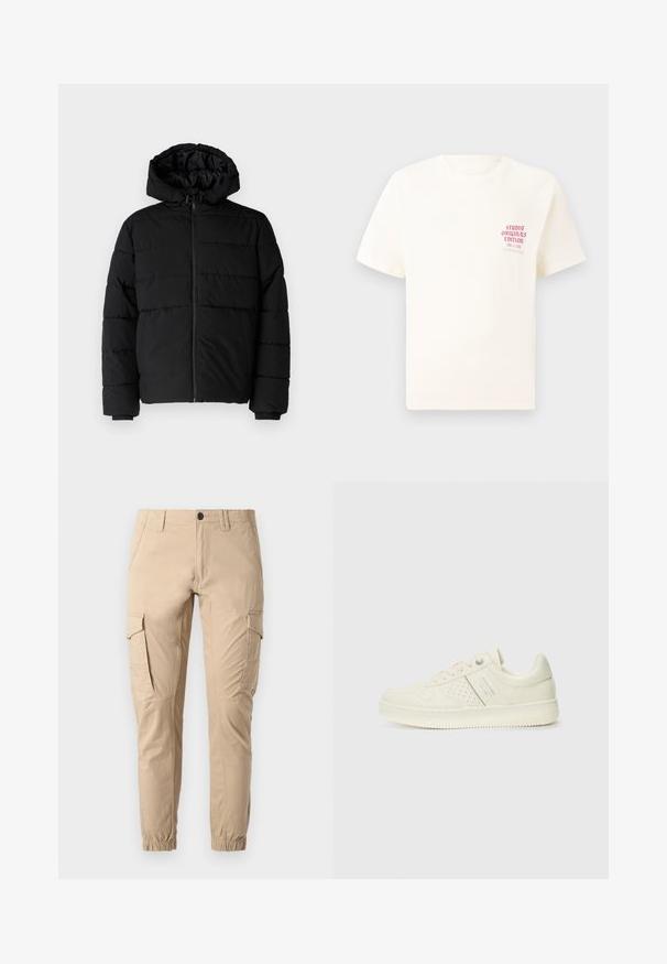 Svart puffjacka med dragkedja fram, huva och horisontellt quiltat mönster. Tillverkad av ett slätt, hållbart tyg med ribbade ärmslut.; Vit kortärmad T-shirt med röd text "Studio Originals Edition" på vänster bröst, är uppställd på en neutral grå bakgrund.; Beige cargobyxor av bomull med flera sidofickor, elastiska muddar och en något avsmalnande passform. Slät textur med sömnadsdetaljer.; Krämfärgad sneaker med perforerade detaljer, snören och logotyp på sidan, visad mot en enkel vit bakgrund.