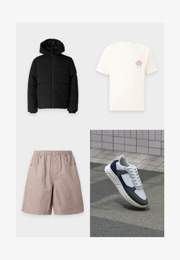 Musta puhvijakku, jossa on vetoketjukiinnitys, huppu ja vaakasuora tikkauksen rakenne. Valmistettu sileästä, kestävästä kankaasta, jossa on röpelöiset hihansuut.; Valkoinen lyhythihainen t-paita, jossa on punainen teksti "Studio Originals Edition" vasemmalla rinnalla, esitetty neutraalilla harmaalla taustalla.; Beige puuvillashortsit joustavalla vyötäröllä, kahdella sivutaskulla ja huomaamattomilla ompelusyillä. Sileä kangas, polvimitan malli.; Valkoinen, laivastonsininen ja harmaa tennari sekamateriaalimuotoilulla, jossa on teksturoitu päällinen, litteät nauhat ja pehmustettu pohja.