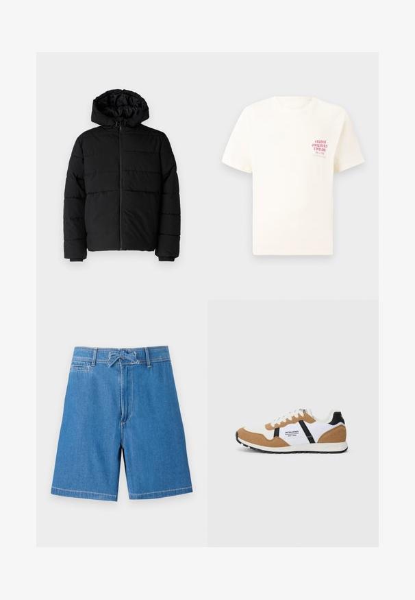 Melna pūkainā jaka ar rāvējslēdzēju priekšā, kapuci un horizontālu quiltēšanas dizainu. Izgatavota no gludas, izturīgas auduma ar ribotām piedurknēm.; Balts īsām piedurknēm T-krekls ar sarkanu tekstu "Studio Originals Edition" uz kreisā krūšu, pakārtots neitrālā pelēkā fonā.; Gaiši zila džinsu šorti ar maksājuma auklu jostasvietā, priekšējām kabatām un kontrastējošiem šuvumiem. Klasisks dizains, garums līdz ceļgaliem.; Retro stila sneakeri ar baltu, brūnu zamšu, melniem akcentiem, baltām siksnām un "Jack & Jones EST. 1990" logo sānos.