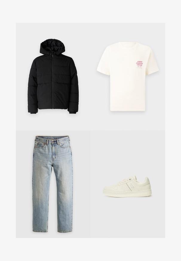 Casaco puffer preto com fecho de correr, capuz e design acolchoado horizontal. Feito de um tecido liso e durável com punhos canelados.; T-shirt branca de mangas curtas com o texto vermelho "Edição Originais do Estúdio" no lado esquerdo do peito, apresentada sobre um fundo cinza neutro.; Jeans de ganga azul claro com cintura alta, fecho frontal, zipper e design de cinco bolsos, dispostos de forma plana sobre um fundo neutro.; Sapatilha de cor creme com detalhes perfurados, atacadores e logotipo na lateral, apresentada contra um fundo branco liso.