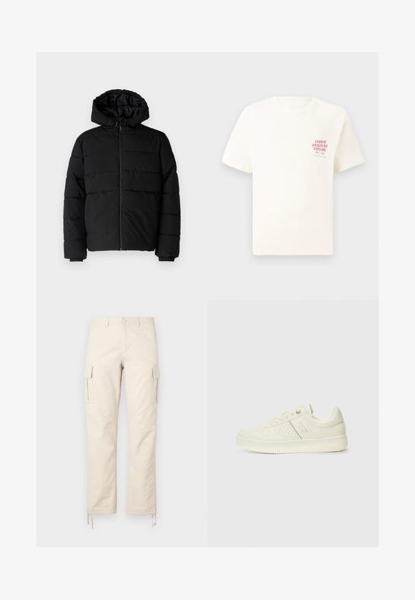 Svart boblejakke med glidelås foran, hette og horisontalt quiltet design. Laget av et glatt, slitesterkt stoff med ribbede cuffs.; Hvit T-skjorte med korte ermer og rød tekst "Studio Originals Edition" på venstre bryst, vist på en nøytral grå bakgrunn.; Beige cargo bukser laget av en bomullsblanding. Funksjoner inkluderer to sidelommer, en rett ben-design og justerbare snorer ved skoene.; Kremfargede sneakers med perforerte detaljer, snøring og logo på siden, vist mot en enkel hvit bakgrunn.