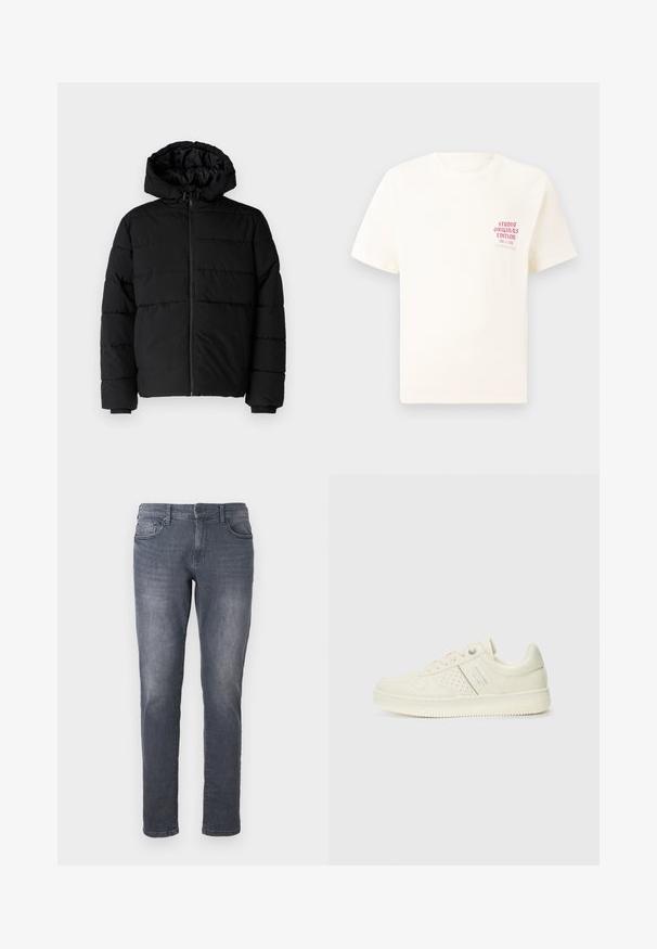 Μαύρο μπουφάν με φερμουάρ μπροστά, κουκούλα και οριζόντιο ραμμένο σχέδιο. Κατασκευασμένο από ομαλό, ανθεκτικό ύφασμα με ριγέ μανσέτες.; Άσπρη κοντομάνικη μπλούζα με κόκκινο κείμενο "Studio Originals Edition" στο αριστερό στήθος, παρουσιασμένη σε ουδέτερο γκρι φόντο.; Γκρι τζιν παντελόνι με στενή εφαρμογή, διαθέτοντας φερμουάρ, βρόχους ζώνης, εμπρόσθετες τσέπες και φθαρμένο φινίρισμα. Τυπικός ίσιος σχεδιασμός ποδιών.; Αθλητικό παπούτσι σε κρέμα χρώμα με διάτρητη λεπτομέρεια, κορδόνια και λογότυπο στο πλάι, τοποθετημένο σε λευκό φόντο.
