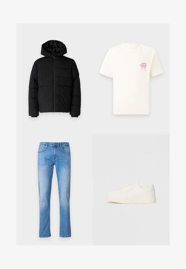 Černá péřová bunda s předním zipem, kapucí a vodorovným prošíváním. Vyrobena z hladké a odolné látky s žebrovanými manžetami.; Bílý krátký rukávový tričko s červeným textem "Studio Originals Edition" na levé hrudi, vystavené na neutrálním šedém pozadí.; Světle modré džíny z denimu se střihovými nohavicemi, obsahující pět kapes, zapínání na knoflík a zip a jemné efekty vyšisování.; Bílé slip-on tenisky s texturovaným povrchem, silnou podešví a minimalistickým designem. Na boku je umístěno logo značky.