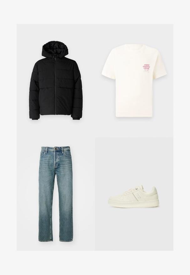 Casaco puffer preto com fecho de correr, capuz e design acolchoado horizontal. Feito de um tecido liso e durável com punhos canelados.; T-shirt branca de mangas curtas com o texto vermelho "Edição Originais do Estúdio" no lado esquerdo do peito, apresentada sobre um fundo cinza neutro.; Jean de ganga azul claro com corte reto, design de cinco bolsos e costura visível. Apresenta um botão de metal e fecho de zipper.; Sapatilha de cor creme com detalhes perfurados, atacadores e logotipo na lateral, apresentada contra um fundo branco liso.