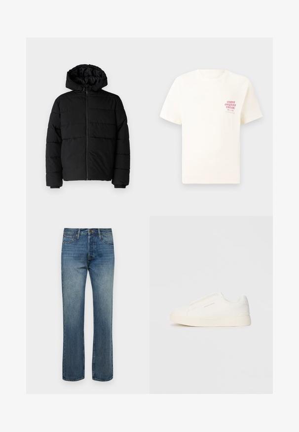 Casaco puffer preto com fecho de correr, capuz e design acolchoado horizontal. Feito de um tecido liso e durável com punhos canelados.; T-shirt branca de mangas curtas com o texto vermelho "Edição Originais do Estúdio" no lado esquerdo do peito, apresentada sobre um fundo cinza neutro.; Calças de ganga azuis para homem com um corte reto, apresentando um fecho de botão único, bolsos frontais e uma textura ligeiramente desbotada.; Sapatilhas brancas de atacar com uma superfície texturizada, sola grossa e design minimalista. Possui o logo da marca na lateral.