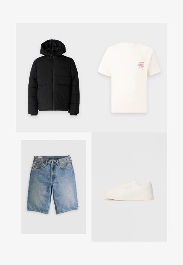 Black puffer jacket featuring a zip front, a hood, and horizontal quilted design. Made of a smooth, durable fabric with ribbed cuffs.; White short-sleeve T-shirt with red text "Studio Originals Edition" on left chest, displayed on a neutral gray background.; Denim shorts in light blue with a classic cut. Features five pockets, orange stitching accents, and raw-edge hems.; White slip-on sneakers with a textured surface, a thick sole, and minimalistic design. Features brand logo on the side.