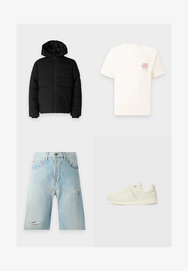 Černá péřová bunda s předním zipem, kapucí a vodorovným prošíváním. Vyrobena z hladké a odolné látky s žebrovanými manžetami.; Bílý krátký rukávový tričko s červeným textem "Studio Originals Edition" na levé hrudi, vystavené na neutrálním šedém pozadí.; Světle modré denimové šortky s uvolněným střihem, zdobené sepranými akcenty, bočními kapsami a jedním uzávěrem na horním knoflíku.; Světlé krémové tenisky s perforovanými detaily, šněrováním a logem na boku, vystavené na jednoduchém bílém pozadí.