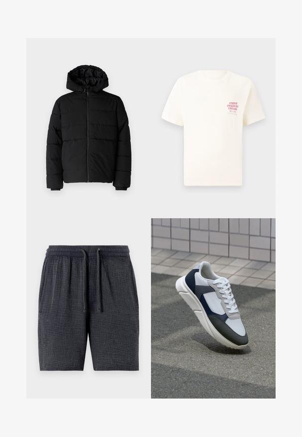 Black puffer jacket featuring a zip front, a hood, and horizontal quilted design. Made of a smooth, durable fabric with ribbed cuffs.; White short-sleeve T-shirt with red text "Studio Originals Edition" on left chest, displayed on a neutral gray background.; Dark gray shorts made from textured fabric, featuring an elastic waistband with a drawstring and side pockets.; White, navy, and gray sneaker with a mixed material design, featuring a textured upper, flat laces, and a cushioned sole.