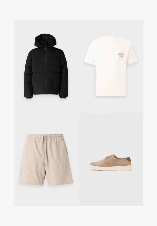 Svart puffjacka med dragkedja fram, huva och horisontellt quiltat mönster. Tillverkad av ett slätt, hållbart tyg med ribbade ärmslut.; Vit kortärmad T-shirt med röd text "Studio Originals Edition" på vänster bröst, är uppställd på en neutral grå bakgrund.; Beige linnebyxor med elastisk midja, snörning, sidofickor och en strukturerad tyg. Avslappnad design, knäskärning.; Beige mockasinsneakers med rund tå, snörning fram och texturerad bakaxel. Vit gummisula ger kontrast. Enkelt och modernt design.