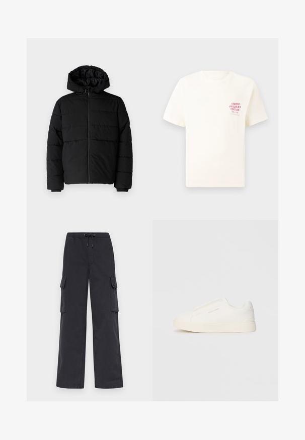 Melna pūkainā jaka ar rāvējslēdzēju priekšā, kapuci un horizontālu quiltēšanas dizainu. Izgatavota no gludas, izturīgas auduma ar ribotām piedurknēm.; Balts īsām piedurknēm T-krekls ar sarkanu tekstu "Studio Originals Edition" uz kreisā krūšu, pakārtots neitrālā pelēkā fonā.; GAP BAGGY CARGO PULL ON - Armijas stila bikses - carburetor navy; Baltas slip-on sporta apavi ar teksturētu virsmu, biezu zoli un minimālistisku dizainu. Sānos redzams zīmola logotips.