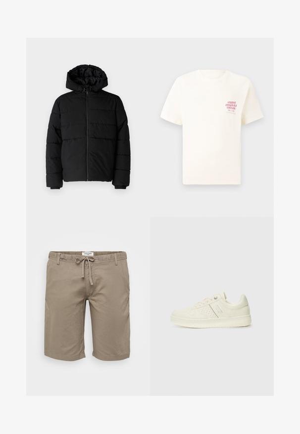 Svart boblejakke med glidelås foran, hette og horisontalt quiltet design. Laget av et glatt, slitesterkt stoff med ribbede cuffs.; Hvit T-skjorte med korte ermer og rød tekst "Studio Originals Edition" på venstre bryst, vist på en nøytral grå bakgrunn.; Beige bomullsshorts med elastisk midje og snor, sidelommer og rett snitt. Glatt tekstur og minimalistisk design.; Kremfargede sneakers med perforerte detaljer, snøring og logo på siden, vist mot en enkel hvit bakgrunn.