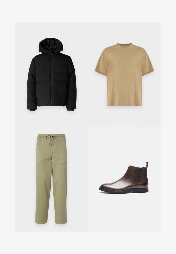 Svart boblejakke med glidelås foran, hette og horisontalt quiltet design. Laget av et glatt, slitesterkt stoff med ribbede cuffs.; Khaki kortermet T-skjorte laget av mykt stoff, med rund hals og en avslappet passform. Ingen mønstre eller grafikk er synlige.; Lys olivengrønne bukser laget av bomullsblandingsstoff, med elastisk midje og snor, samt to store sidelommer.; Zign LEATHER - Støvletter - brown