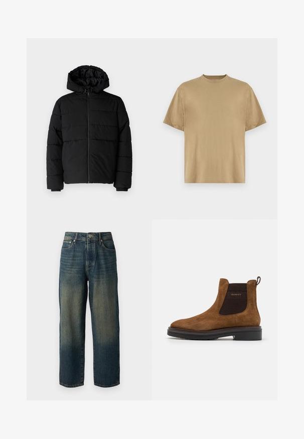 Must värvi puffernahk, millel on seljaed, kapuuts ja horisontaalne õmblusdisain. Valmistatud sujuvast, vastupidavast kangast ja ribakujuliste varrukaotste jaok.; Khaki lühikeste varrukatega T-särk, mis on valmistatud pehmest kangast, ümara kaelusega ja mugava lõikega. Mustreid ega graafikat pole.; Sinine denimpüksid sirge lõikega, millel on pleekinud disain heledama varjundiga alläärtes, viis taskut ja nööpidega sulgus.; Pruunist nahast ankle saapad ümmarguse toe ja elastsete külgpaneelidega. Omab musta struktureeritud aktsenti ja tõmbeotsi taga. Must tald.