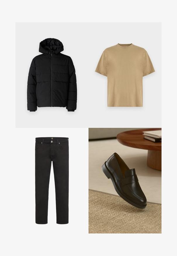 Černá péřová bunda s předním zipem, kapucí a vodorovným prošíváním. Vyrobena z hladké a odolné látky s žebrovanými manžetami.; Khaki tričko s krátkým rukávem vyrobené z měkké tkaniny, s kulatým výstřihem a volným střihem. Nejsou na něm viditelné žádné vzory ani grafika.; Černé džíny rovného střihu s knoflíkovým a zipovým zapínáním, předními a zadními kapsami a poutky na opasek, od značky Lee.; Černé kožené mokasíny s hladkým povrchem, kulatou špičkou a dekorativním páskem přes nárt. Nízký gumový podpatek, umístěný na texturovaném povrchu.