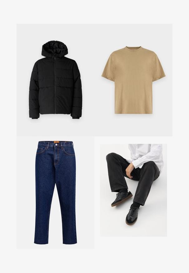 Fekete puff dzseki cipzárral elöl, kapucnival és vízszintes steppelt mintázattal. Simább, tartós anyagból készült, bordázott mandzsettákkal.; Khaki színű, rövid ujjú póló, puha anyagból készült, kerek nyakkivágással és lazább fazonnal. Minták vagy grafikák nem láthatók.; Sötétkék farmernadrág egyenes szabással, magas derékkal, öt zsebbel és bolyhos szegéllyel. Kontrasztos varrások és gombos záródás részletekkel.; Fekete tornacipők sima és texturált felsőrészel, gumitalppal és sötét cipőfűzőkkel. Fekete farmernadrággal és fehér csíkos inggel párosítva.