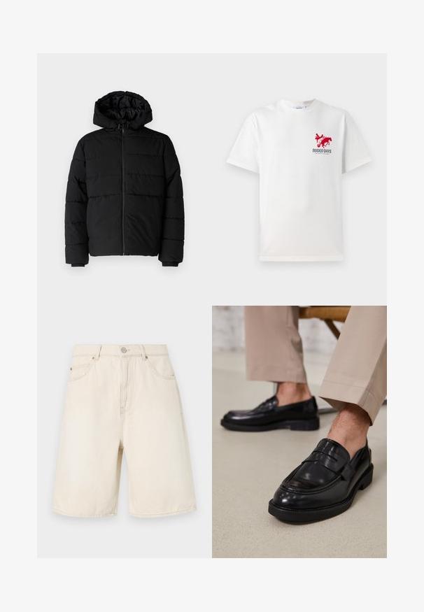 Chaqueta acolchada negra con cremallera frontal, capucha y diseño acolchado horizontal. Fabricada con un tejido suave y duradero con puños acanalados.; Camiseta de algodón blanca con un gráfico de un vaquero rojo y un caballo en el lado izquierdo del pecho, con el texto "DÍAS DE RODEO" debajo del diseño.; Shorts de mezclilla beige de tiro alto, con cierre de botón y cremallera, bolsillos frontales y detalles de costura a lo largo del dobladillo.; Mocasines de cuero negro con un acabado suave, que cuentan con una correa decorativa y costuras en contraste, combinados con pantalones beiges.