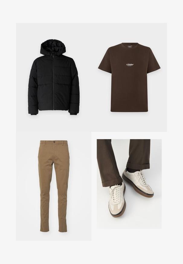 Černá péřová bunda s předním zipem, kapucí a vodorovným prošíváním. Vyrobena z hladké a odolné látky s žebrovanými manžetami.; Hnědé bavlněné tričko s krátkým rukávem, kulatým výstřihem a malým bílým logem na prsou. Hladká textura a normální střih.; DOCKERS SMART SUPREME FLEX SKINNY - Chino kalhoty - cub; Béžové tenisky s texturovanou semišovou špičkou, hladkými koženými boky a hnědou gumovou podrážkou. Na šněrování a lehkém prošití je detail.