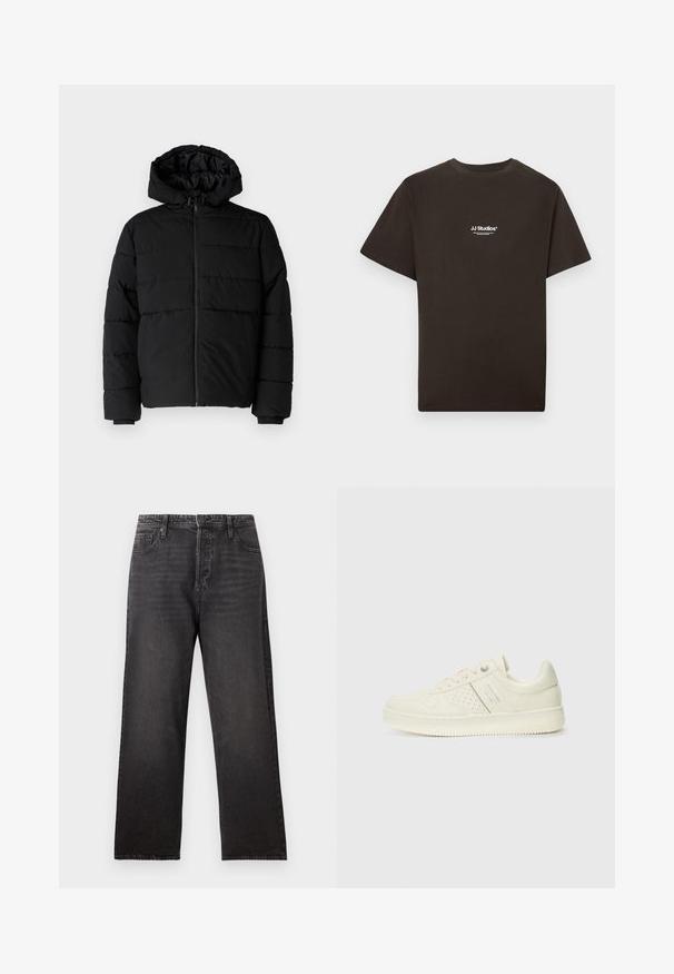 Casaco puffer preto com fecho de correr, capuz e design acolchoado horizontal. Feito de um tecido liso e durável com punhos canelados.; T-shirt preta de algodão com mangas curtas e gola redonda, apresenta o logótipo "JJ Studios" em branco no centro frontal. Textura lisa.; Calças de ganga pretas com um design de perna reta, apresentando cinco bolsos e detalhes de costura visíveis. Tecido leve com uma textura suave.; Sapatilha de cor creme com detalhes perfurados, atacadores e logotipo na lateral, apresentada contra um fundo branco liso.