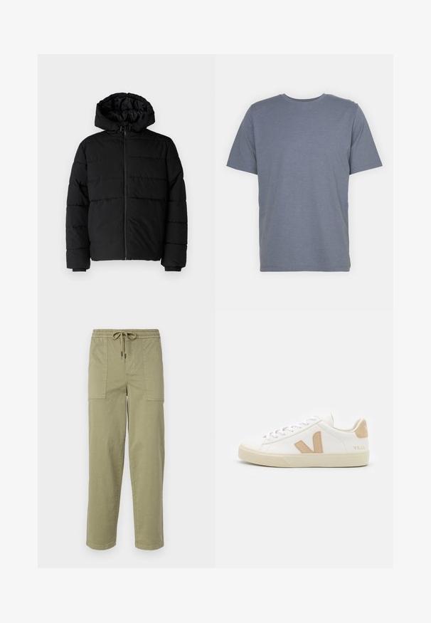 Casaco puffer preto com fecho de correr, capuz e design acolchoado horizontal. Feito de um tecido liso e durável com punhos canelados.; T-shirt cinza de manga curta com gola redonda, feita de um tecido suave em mistura de algodão. Design simples, sem padrões ou detalhes.; Calças verde-oliva claras feitas de um tecido de algodão misto, com um cós elástico com cordão e dois bolsos laterais grandes.; Sapatilhas brancas com detalhes em bege, material de couro suave, bico redondo, sola plana de borracha e fecho por atacadores com um logótipo no calcanhar.