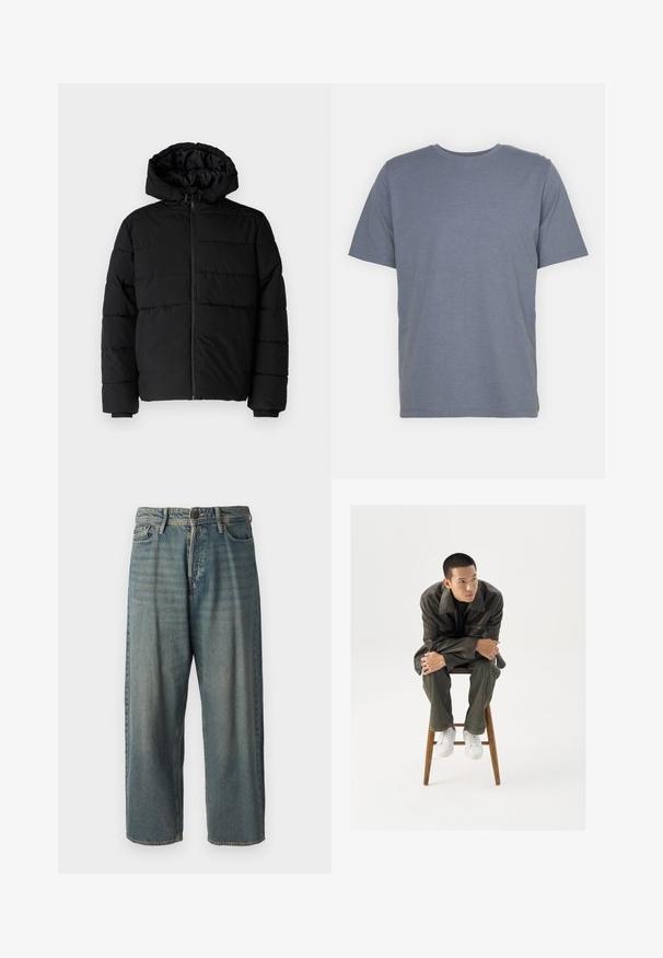 Casaco puffer preto com fecho de correr, capuz e design acolchoado horizontal. Feito de um tecido liso e durável com punhos canelados.; T-shirt cinza de manga curta com gola redonda, feita de um tecido suave em mistura de algodão. Design simples, sem padrões ou detalhes.; Jeans de ganga azul claro com um corte solto, cintura média e pernas retas. Apresenta cinco bolsos, passadores de cinto e fecho com botão.; Jaqueta de couro castanha com um colarinho largo, combinada com calças jeans verde-escuras e ténis brancos. O modelo está sentado em um banco de madeira.