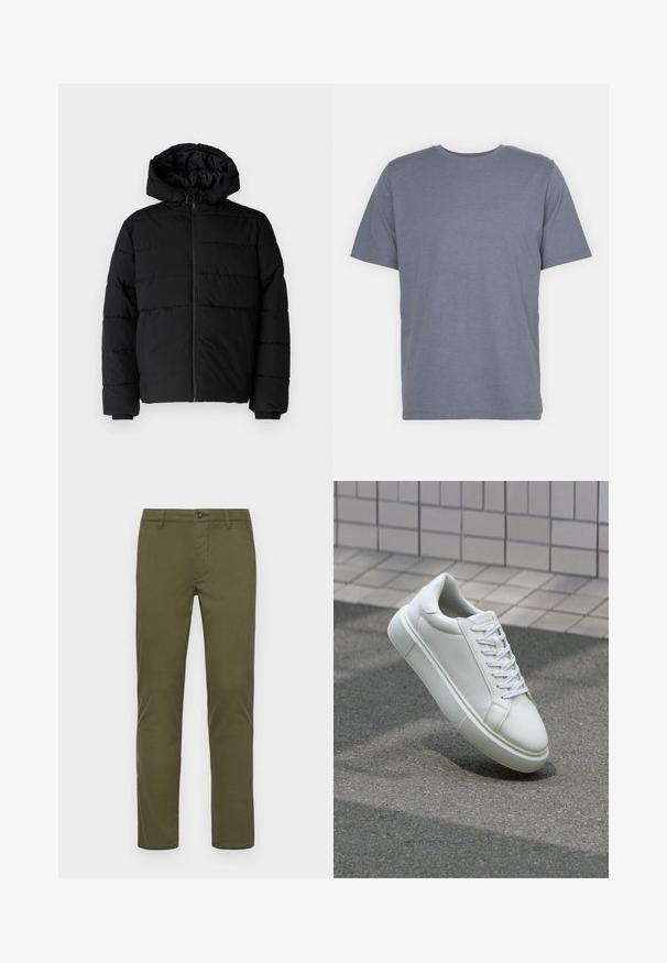 Svart boblejakke med glidelås foran, hette og horisontalt quiltet design. Laget av et glatt, slitesterkt stoff med ribbede cuffs.; Grå kortermet T-skjorte med rund hals, laget av myk bomullsblanding. Enkel design, ingen mønstre eller accenter.; Olivenfargede bomullschinos med rett ben-design, med knappelukking foran, sidelommer og rene sømmer.; Hvit lær sneaker med glatt overflate, rund tå og flate hvite snøringer. Har en teksturert gummisåle og minimale design elementer.