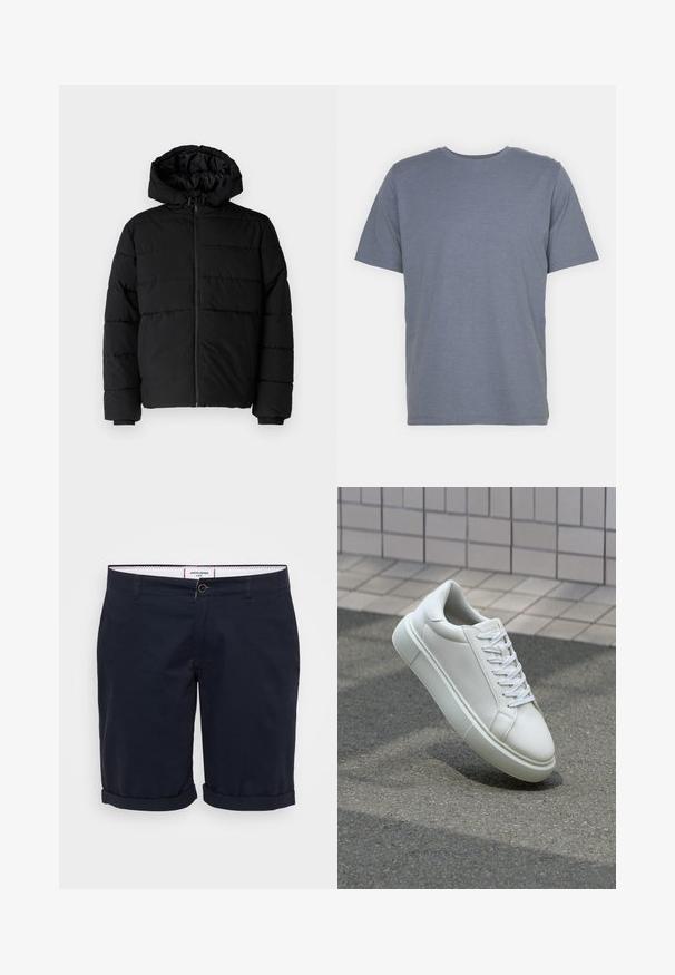 Juodas pūkinis švarkas su užtrauktuku priekyje, gaubtu ir horizontaliai siuvinėtu dizainu. Pagamintas iš lygaus, tvirto audinio su raukiniais ant rankovių.; Pilkas trumpas rankovėmis marškinėliai su apvaliu kaklu, pagaminti iš švelnaus medvilnės mišinio. Paprastas dizainas, be raštų ar akcentų.; Tamsiai mėlynos medvilnės šortai, su plokščiu priekiu, suktomis kraštinėmis ir vienu mygtuku priekyje.; Balti odiniai sportbačiai su lygiu paviršiumi, apvalia nosimi ir plokščiomis baltomis raištelėmis. Yra tekstūruotas gumos padas ir minimalizmas dizaino elementuose.