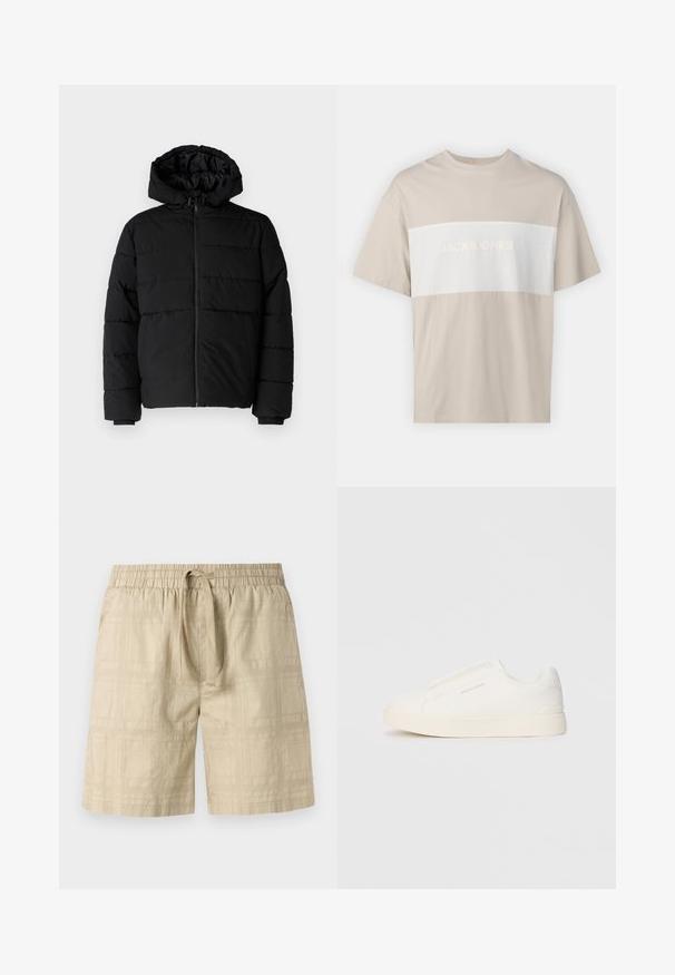 Doudoune noire avec fermeture éclair à l'avant, capuche et design matelassé horizontal. Fabriquée dans un tissu lisse et durable avec des poignets côtelés.; T-shirt en coton beige avec un panneau horizontal blanc portant le texte "JACK & JONES ESSENTIALS WORLDWIDE" en lettres en relief. Manches courtes.; Shorts beiges en tissu léger avec taille élastique et cordon de serrage, arborant un motif de grille subtil et une coupe droite.; Baskets blanches sans lacets avec une surface texturée, une semelle épaisse et un design minimaliste. Présente le logo de la marque sur le côté.