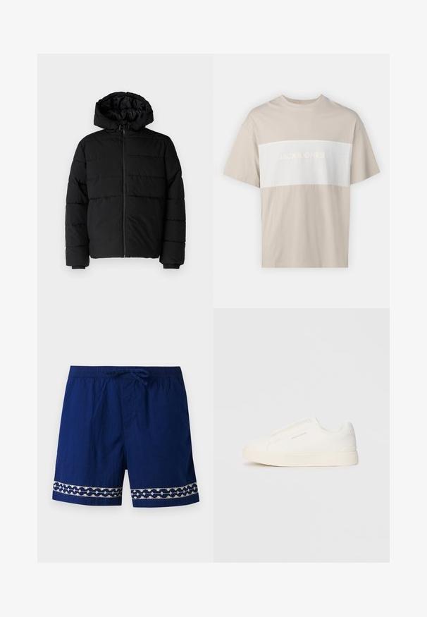 Črna puhovka z zadrgo spredaj, kapuco in vodoravno šivano obliko. Narejena je iz gladkega, trpežnega materiala z rebrastimi manšetami.; Bež bombažna majica s kratkimi rokavi, ki ima belo vodoravno ploščo z embosiranim napisom "JACK & JONES ESSENTIALS WORLDWIDE".; Mornarsko modri kopalni šorty z elastičnim pasom, vrvico za zategovanje in vezenimi svetlimi poudarki na robu z geometrijskimi vzorci.; Bele zapete brez vezalk z teksturirano površino, debelim podplatom in minimalističnim dizajnom. Na strani se nahaja logotip blagovne znamke.
