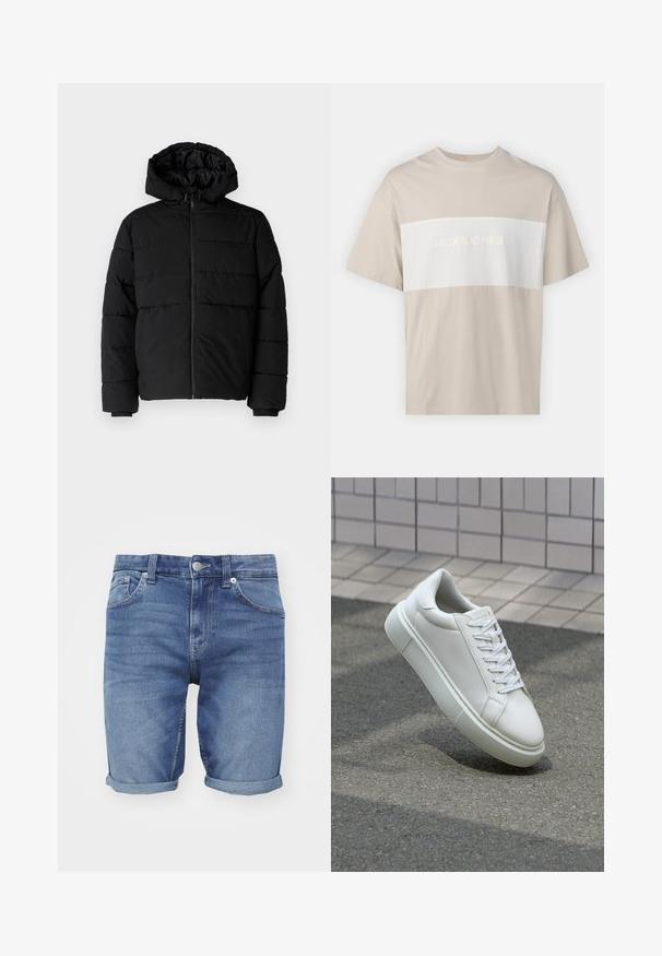 Črna puhovka z zadrgo spredaj, kapuco in vodoravno šivano obliko. Narejena je iz gladkega, trpežnega materiala z rebrastimi manšetami.; Bež bombažna majica s kratkimi rokavi, ki ima belo vodoravno ploščo z embosiranim napisom "JACK & JONES ESSENTIALS WORLDWIDE".; Denim kratke hlače v svetlo modri barvi. Imajo klasičen pet-pocket dizajn, zvite robove in kovinsko zaponko na pasu.; Bela usnjena teniska obutev z gladko površino, okroglo konico in ravnimi belimi vezalkami. Ima teksturiran gumijast podplat in minimalne oblikovalske elemente.