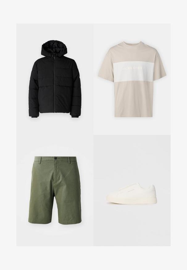 Črna puhovka z zadrgo spredaj, kapuco in vodoravno šivano obliko. Narejena je iz gladkega, trpežnega materiala z rebrastimi manšetami.; Bež bombažna majica s kratkimi rokavi, ki ima belo vodoravno ploščo z embosiranim napisom "JACK & JONES ESSENTIALS WORLDWIDE".; Olivno zeleni šortsi, izdelani iz lahkotnega materiala, z ravnim sprednjim delom, zanko za pas ter enim gumbom za zapiranje v pasu.; Bele zapete brez vezalk z teksturirano površino, debelim podplatom in minimalističnim dizajnom. Na strani se nahaja logotip blagovne znamke.