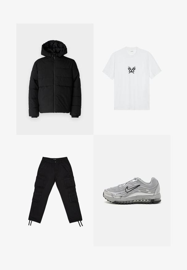 Must värvi puffernahk, millel on seljaed, kapuuts ja horisontaalne õmblusdisain. Valmistatud sujuvast, vastupidavast kangast ja ribakujuliste varrukaotste jaok.; Valge puuvillane T-särk lühikeste varrukatega ja ümmarguse kaelusega. Keskosas on musta leegikujundiga liblika graafika. Sile tekstuur.; Mustad tööpüksid, millel on mitu suurt küljetaskut, paelaga vöökoht, kitsenevad säärised ja sile kangapind.; Hallide Nike Air Max sneaks, milleto, syntetiline ülemine osa, lainekujulise disainiga, mustade aktsentidega ja nähtava õhkpadja süsteemiga.