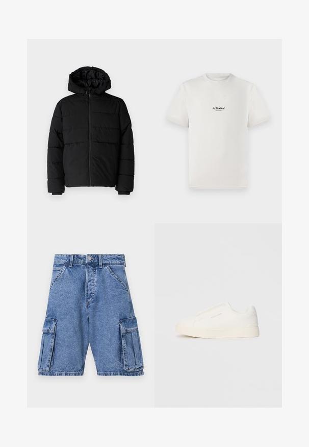Čierna puff jacket s predným zipsom, kapucňou a horizontálnym prešívaním. Vyrobená z hladkej, odolnej tkaniny s rebrovanými manžetami.; Biela bavlnená tričko s krátkymi rukávmi, s čiernym logom "JJ Studios" na hrudníku. S okrúhlym výstrihom a štandardným strihom.; Modré denimové cargo šortky s vysokým pásom, viacerými cargo vreckami na bokoch a klasickým dizajnom s piatimi vreckami. Textúra s efektom stonewash.; Biele slip-on tenisky s textúrovaným povrchom, hrubou podrážkou a minimalistickým dizajnom. Obsahuje logo značky na boku.