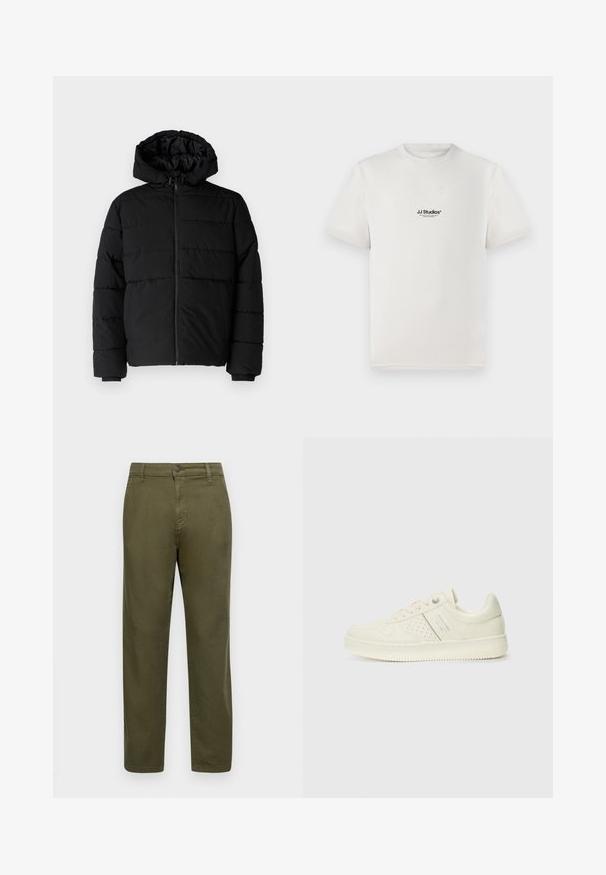 Crni puffer kaput s patentnim zatvaračem sprijeda, kapuljačom i horizontalnim šavovima. Izrađen od glatkog, izdržljivog materijala s rebrastim manžetama.; Bijela pamučna majica s kratkim rukavima, na kojoj se nalazi crni logo "JJ Studios" na prsima. Ima okrugli izrez i standardni kroj.; Maslinasto zelene pamučne hlače sa ravnim krojem, zatvaranjem na dugme i minimalnim detaljima šavova. Glatka tekstura i bez izraženih uzoraka.; Kremasto bijele tenisice s perforiranim detaljima, vezicama i logotipom s bočne strane, prikazane na jednostavnoj bijeloj pozadini.