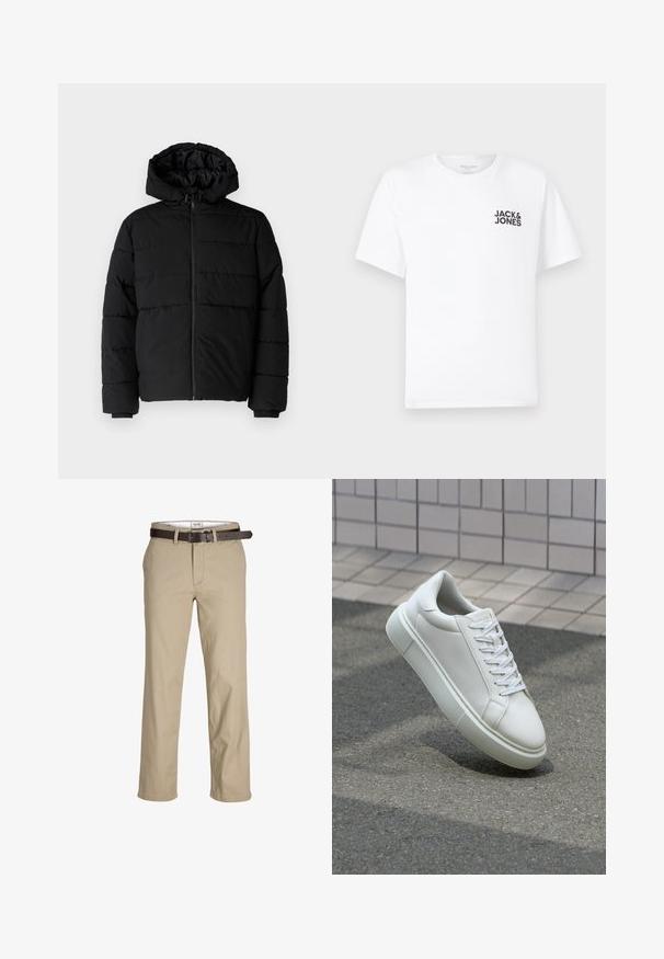 Melna pūkainā jaka ar rāvējslēdzēju priekšā, kapuci un horizontālu quiltēšanas dizainu. Izgatavota no gludas, izturīgas auduma ar ribotām piedurknēm.; Balts kokvilnas t-krekls, īsām piedurknēm, apaļo kakla izgriezumu. Uz kreisās krūts daļas ir melna teksta druka "JACK & JONES". Vienkāršs, bezpušķains dizains.; Beige kokvilnas bikses ar taisnu griezumu, ar jostu cilpiņām, brūnu ādas jostu un klasisku dizainu. Gluda, izturīga tekstūra.; Baltas ādas sporta apavi ar gludu virsmu, apaļu pirkstu un plakanām baltām šņorēm. Iezīmējas ar strukturētu gumijas zoli un minimālisma dizaina elementiem.