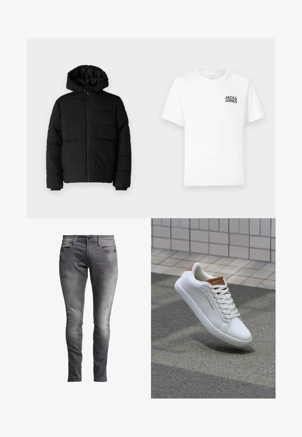 Svart boblejakke med glidelås foran, hette og horisontalt quiltet design. Laget av et glatt, slitesterkt stoff med ribbede cuffs.; Hvit bomull T-skjorte, korte ermer, rund hals. Har svart tekstlogo "JACK & JONES" på venstre brystområde. Enkel, ensfarget design.; Grå denim skinny jeans med en falmet finish, som har subtil slitasje, et klassisk fem-lomme design og metallknapp-lukking.; Hvite skinn sneakers med en glatt tekstur, karmelakent på hælen, gulllogo på siden, og en gummisåle med teksturert grep.