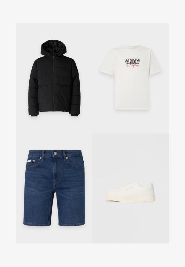 Svart boblejakke med glidelås foran, hette og horisontalt quiltet design. Laget av et glatt, slitesterkt stoff med ribbede cuffs.; Hvit bomull T-skjorte med korte ermer og rund hals. Har «Los Angeles California» grafikk i svart og rødt. Enkel, avslappet passform.; Mørkeblå denimshorts med klassisk femlommesdesign, metalknappelukking og rett kutting i kanten. Minimalistisk merkevaredetalj synlig.; Hvite slip-on joggesko med teksturert overflate, tykk såle og minimalistisk design. Har merkevarelogo på siden.
