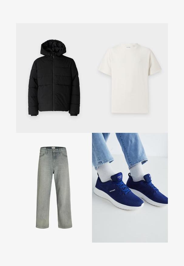 Črna puhovka z zadrgo spredaj, kapuco in vodoravno šivano obliko. Narejena je iz gladkega, trpežnega materiala z rebrastimi manšetami.; Bela majica s kratkimi rokavi iz rebraste tkanine. Okrogli izrez, sproščen kroj, brez vidnih vzorcev ali naglasov. Preprosta in vsestranska zasnova.; Svetlo sivi, široki traperice iz denima. Ima klasični dizajn s pet džepova, petlje za remen i ravno krojenje.; Jack & Jones JFWCROXLEY - Športni copati - medieval blue